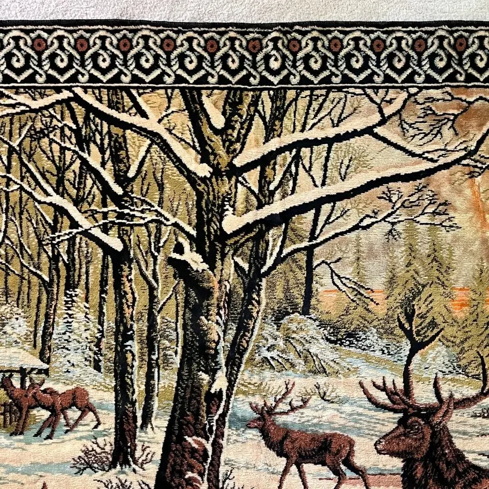 Large Vintage Italian Tapestry Woodland Deer Sunset Landscape Cabin Lodge Nature